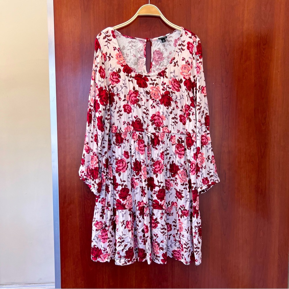 Torrid Red and Pink Floral Long Sleeve Dress